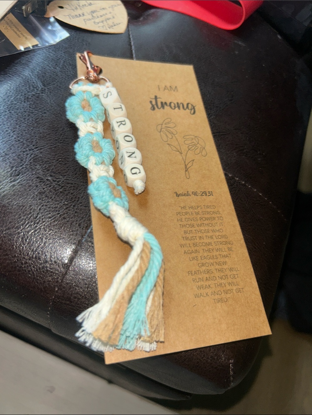 Keychain with 'STRONG' Beads - Aqua & Cream